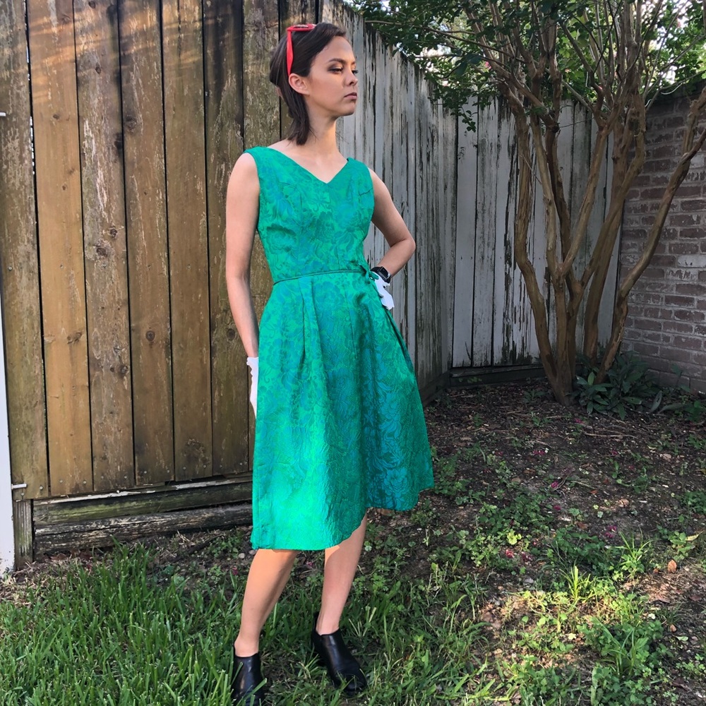 VINTAGE HANDMADE TEAL BROCADE COCKTAIL DRESS 🌿